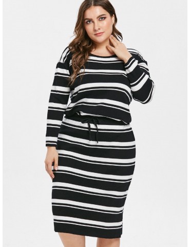 Plus Size Striped Drawstring Sweater Dress - Black 2x