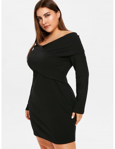  Plus Size Off Shoulder Overlap Dress - Black L