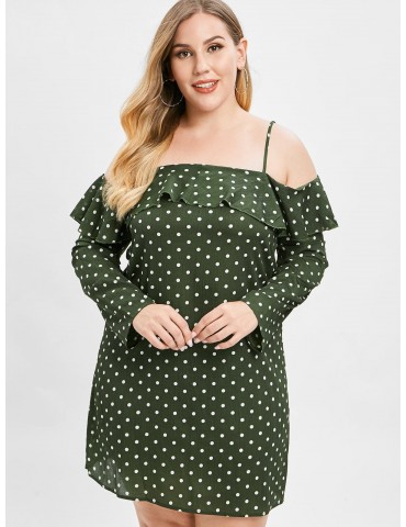  Polka Dot Plus Size Ruffled Dress - Dark Forest Green L