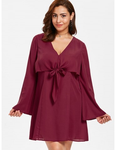 Plus Size Tie Front Mini Dress - Red Wine 4x