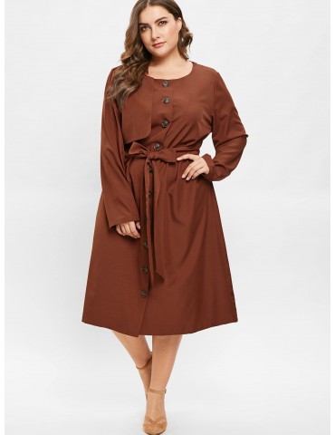  Plus Size Midi Shirt Dress With Belt - Brown 4x