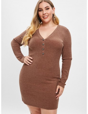  Plus Size Low Cut Knitted Dress - Brown 1x