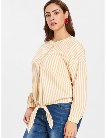  Plus Size Knot Striped Blouse - Rubber Ducky Yellow 2x