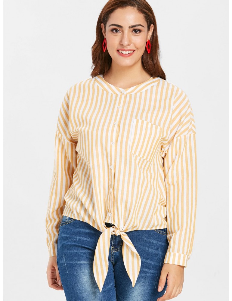  Plus Size Knot Striped Blouse - Rubber Ducky Yellow 2x